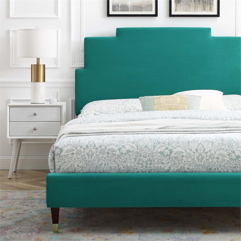 Modway Lindsey Performance Velvet Full Platform Bed in Teal Green