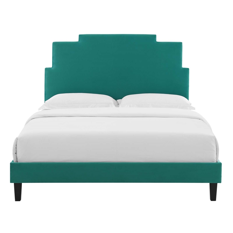 Modway Lindsey Modern Performance Velvet Full Platform Bed in Teal Green