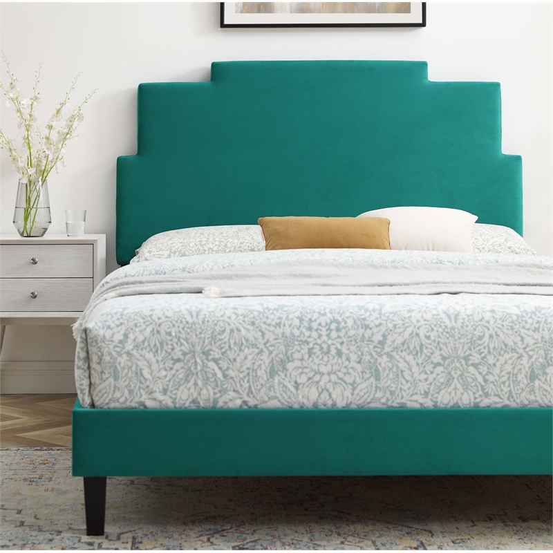 Modway Lindsey Modern Performance Velvet Full Platform Bed in Teal Green
