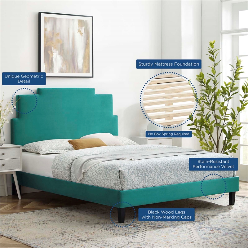 Modway Lindsey Modern Performance Velvet Full Platform Bed in Teal Green