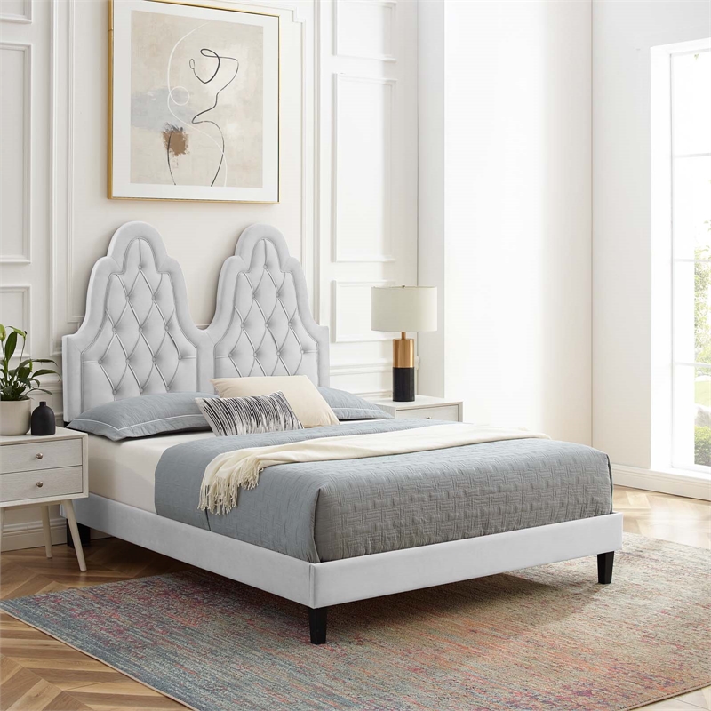 Modway Alexandria Performance Velvet Twin Platform Bed in Light Gray