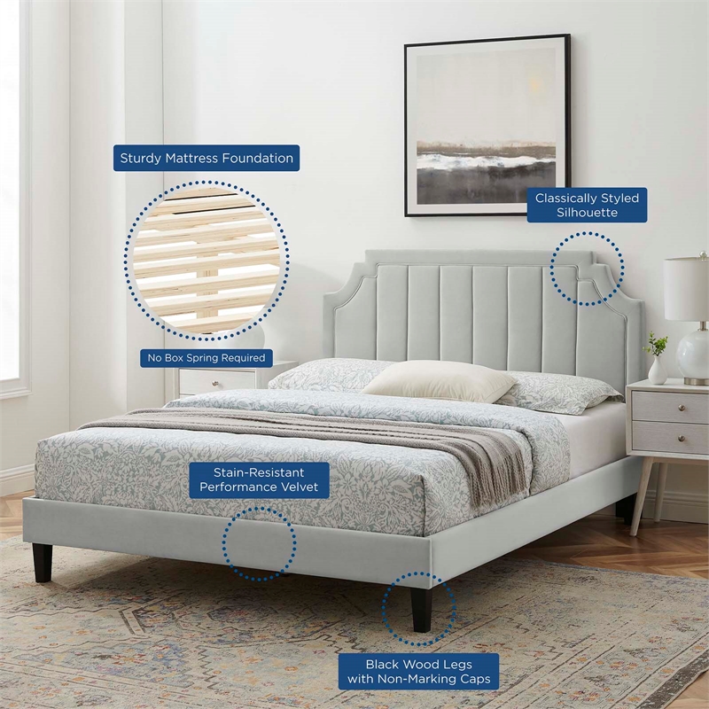 Modway Sienna Modern Performance Velvet Full Platform Bed in Light Gray