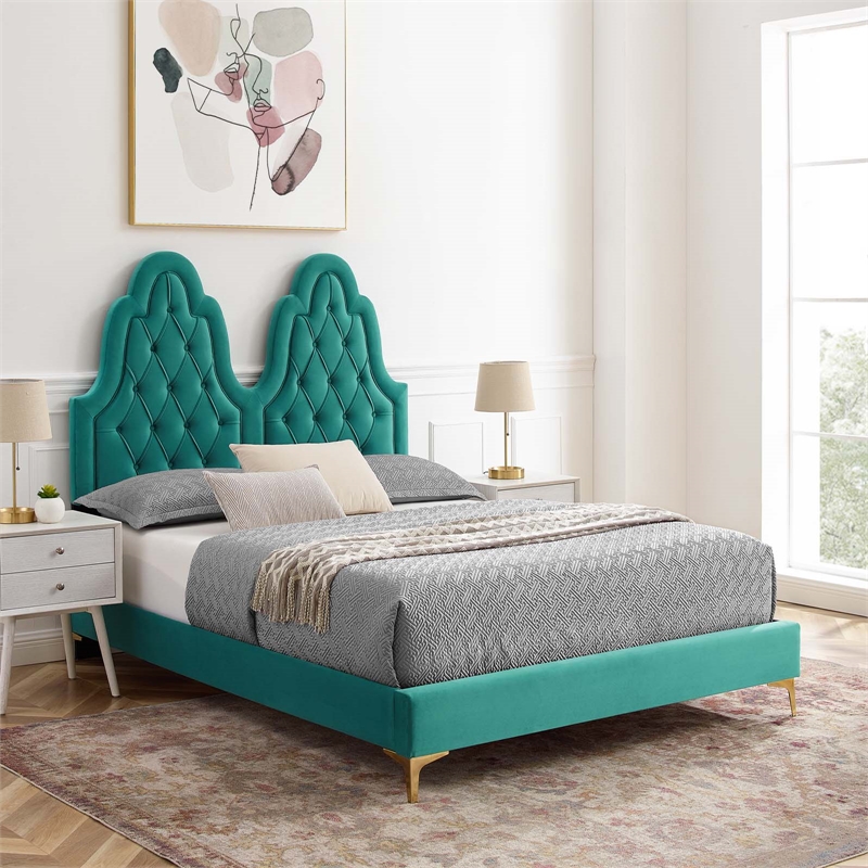 Modway Alexandria Tufted Performance Velvet King Platform Bed - Teal Blue