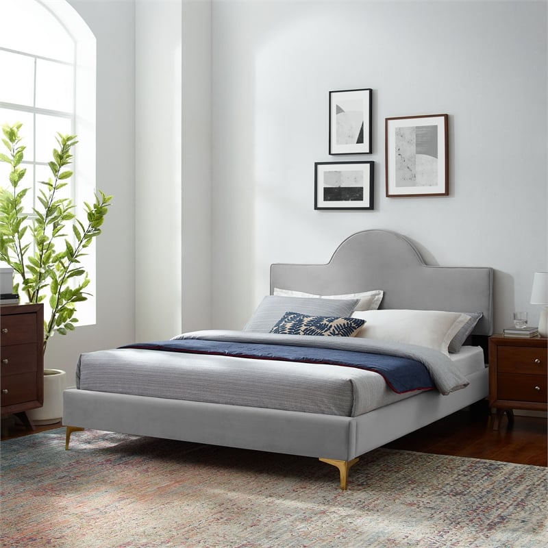 Modway Sunny Modern Style Performance Velvet Full Bed in Light Gray