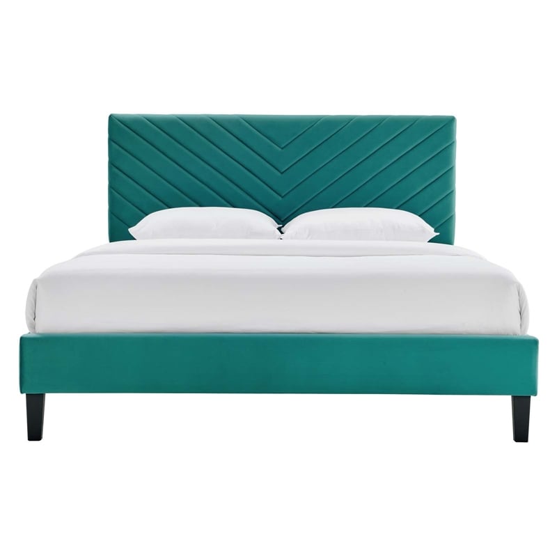 Modway Roxanne Modern Performance Velvet Full Platform Bed in Teal Blue