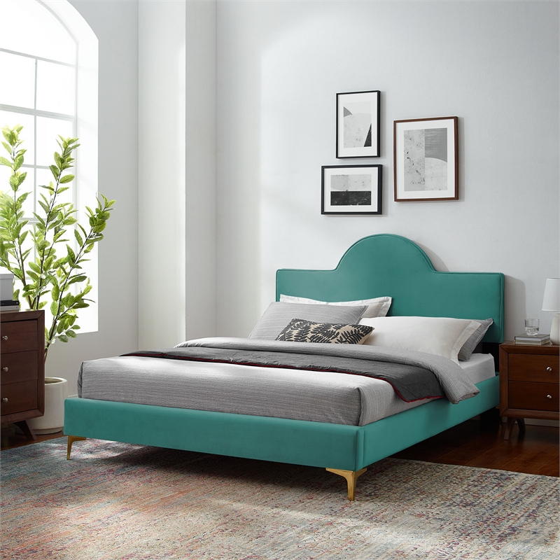 Modway Sunny Modern Style Performance Velvet King Bed in Teal Blue
