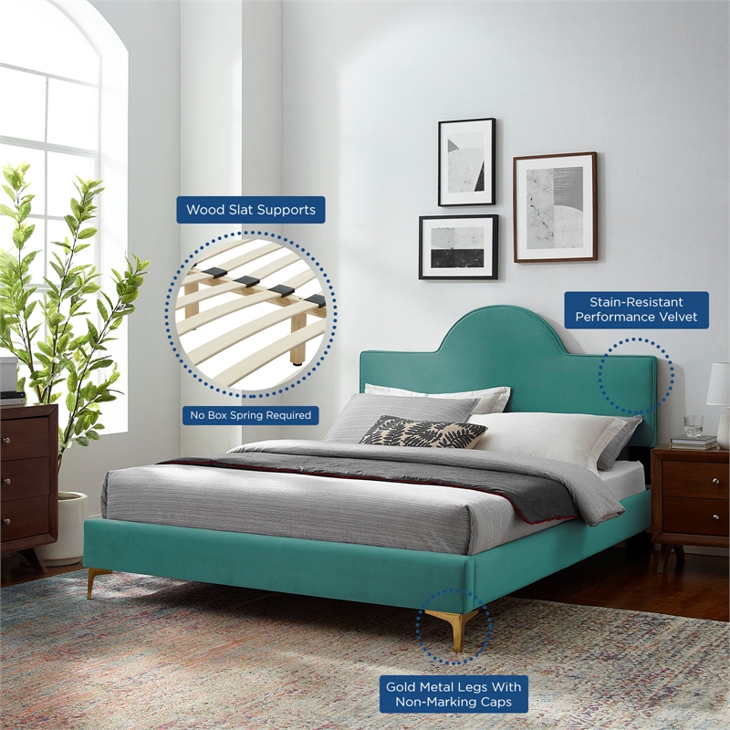 Modway Sunny Modern Style Performance Velvet King Bed in Teal Blue
