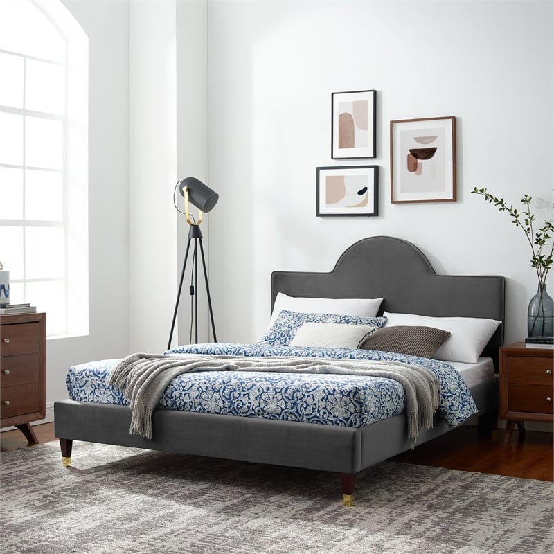 Modway Aurora Modern Style Performance Velvet King Bed in Charcoal