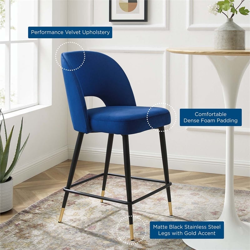 Modway Rouse Performance Velvet Counter Stool in Navy With Black Legs