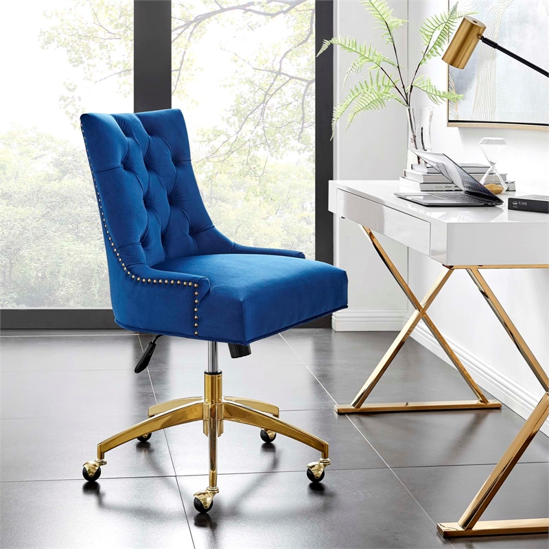 Modway Regent Modern Velvet Swivel Office Chair in Gold & Navy