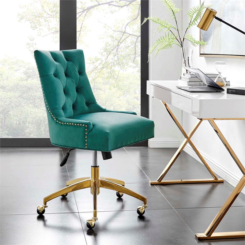Modway Regent Modern Velvet Swivel Office Chair in Gold & Teal Green