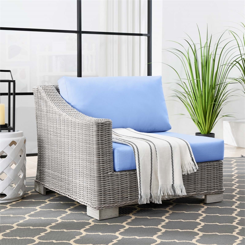 Modway Conway Rattan & Fabric Outdoor Patio Left-Arm Chair in Gray/Light Blue