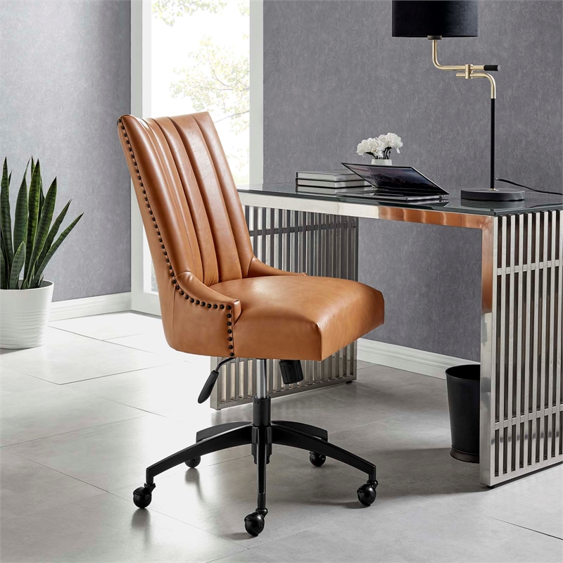 Modway Empower Tufted Faux Leather Swivel Office Chair in Tan & Black