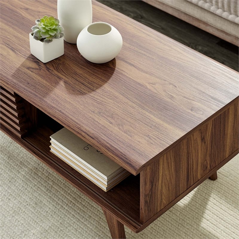 Modway Render Wood Coffee Table with Sliding Door in Walnut Finish