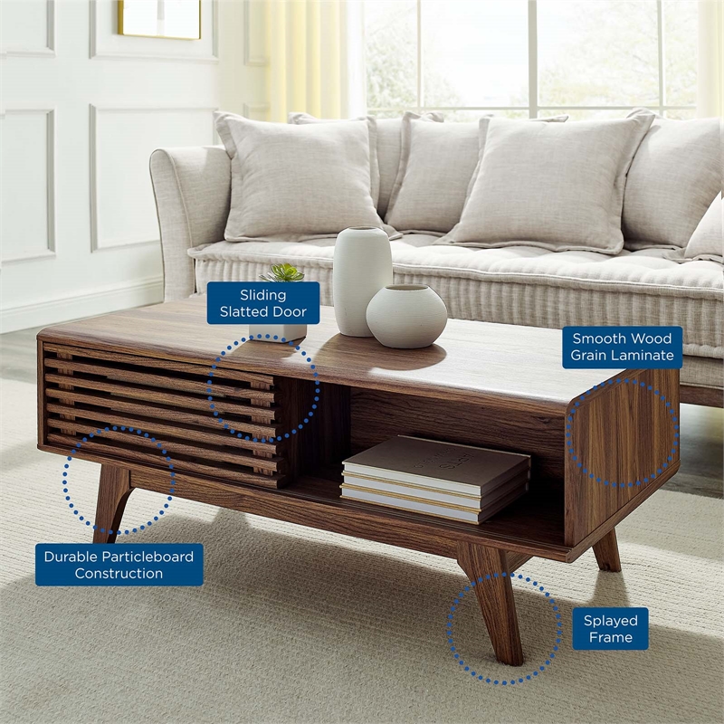 Modway Render Wood Coffee Table with Sliding Door in Walnut Finish