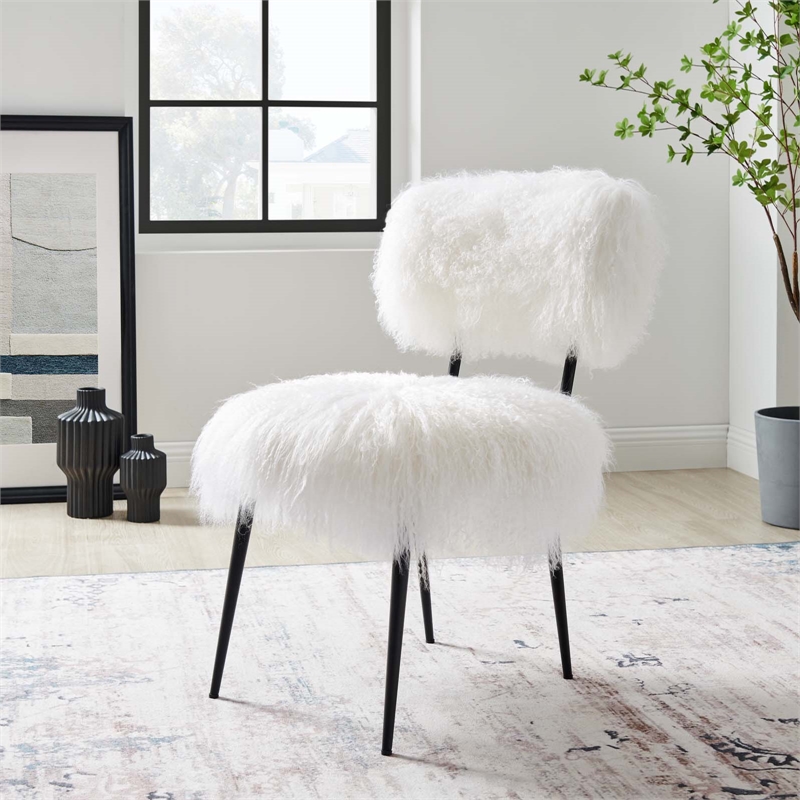 Modway Skylar Modern Upholstered Sheepskin & Metal Chair in White/Black