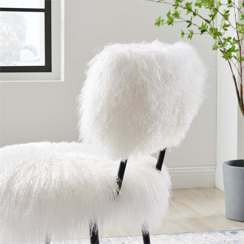 Modway Skylar Modern Upholstered Sheepskin & Metal Chair in White/Black