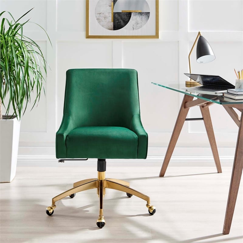 Modway Discern Modern Performance Velvet Swivel Office Chair in Green/Gold