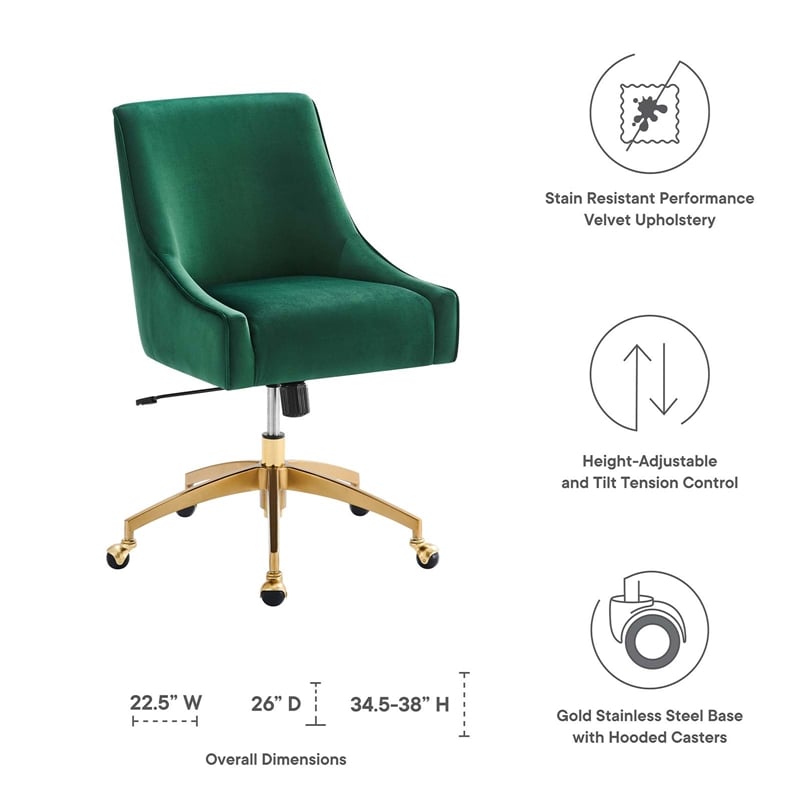 Modway Discern Modern Performance Velvet Swivel Office Chair in Green/Gold