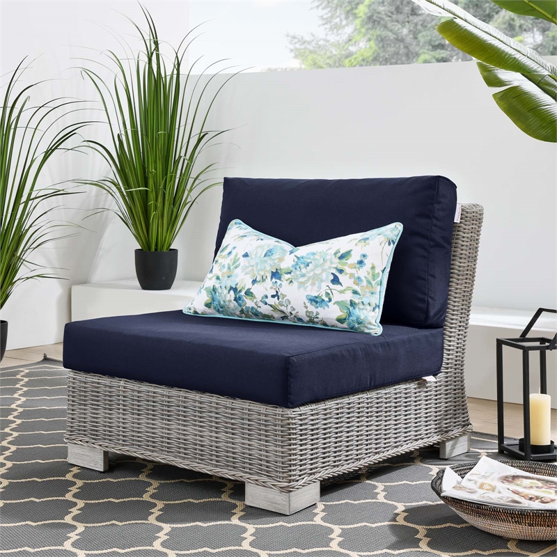 Modway Conway Rattan & Fabric Outdoor Patio Armless Chair in Light Gray/Navy