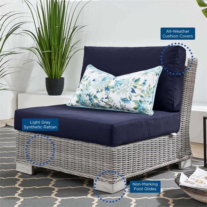Modway Conway Rattan & Fabric Outdoor Patio Armless Chair in Light Gray/Navy
