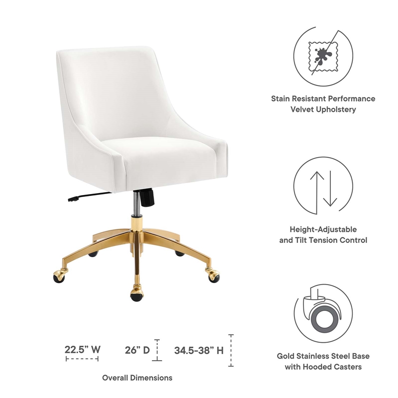 Modway Discern Modern Performance Velvet Swivel Office Chair in White/Gold