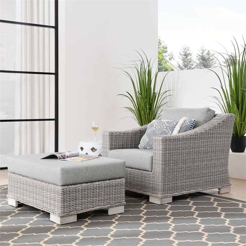 Modway Conway 2-Piece Rattan/Fabric Patio Armchair and Ottoman Set in Gray
