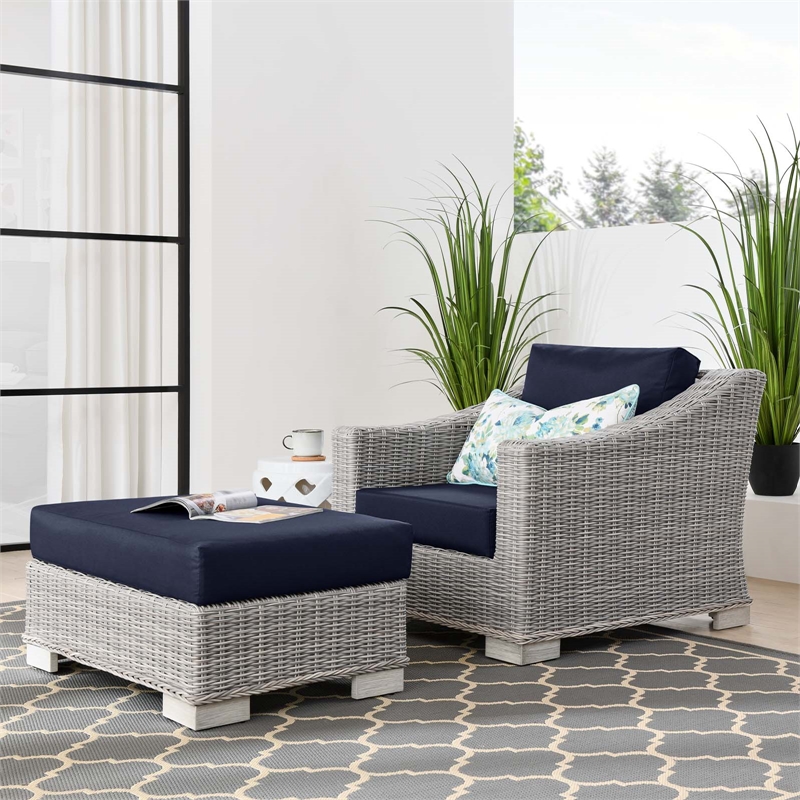 Modway Conway 2-Piece Rattan/Fabric Patio Armchair and Ottoman Set in Gray/Navy