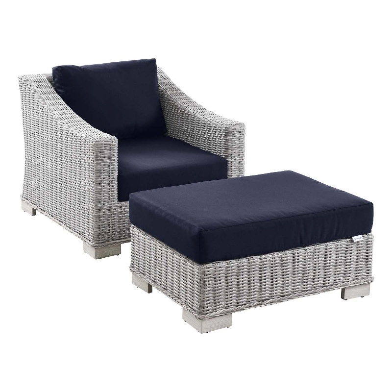 Modway Conway 2-Piece Rattan/Fabric Patio Armchair and Ottoman Set in Gray/Navy