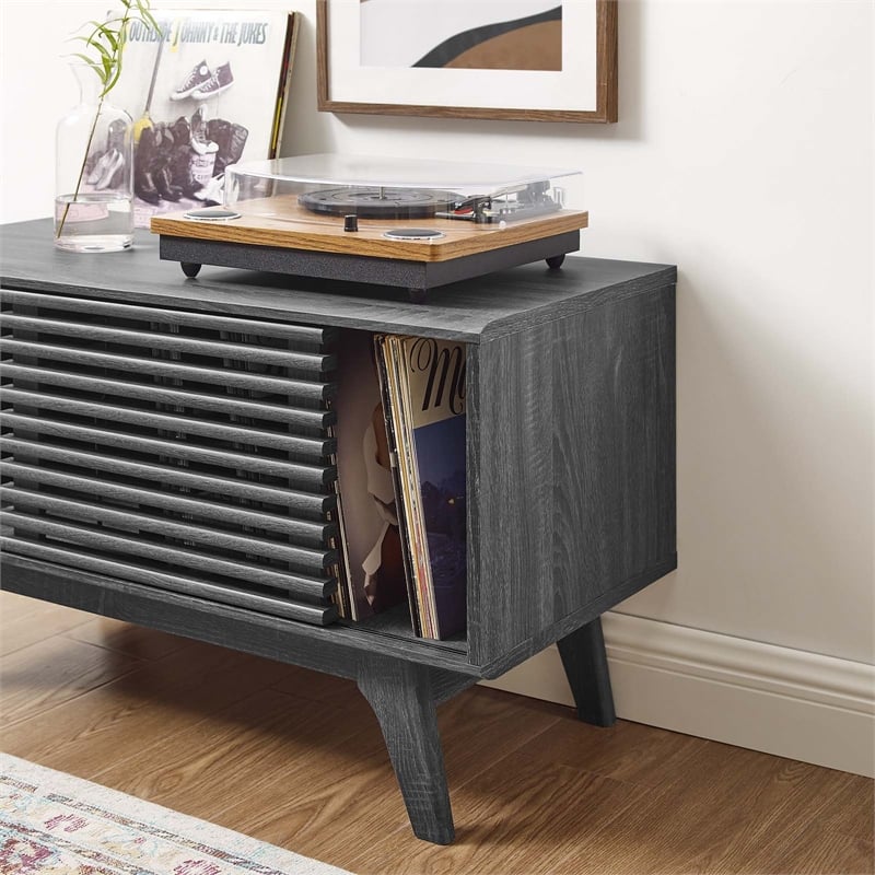 Modway Render Wood & Vinyl Record Display Stand with Sliding Door in Charcoal