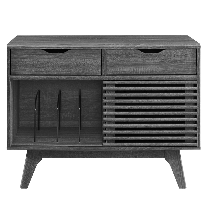 Modway Render Wood & Vinyl Record Display Stand with 2 Drawers in Charcoal