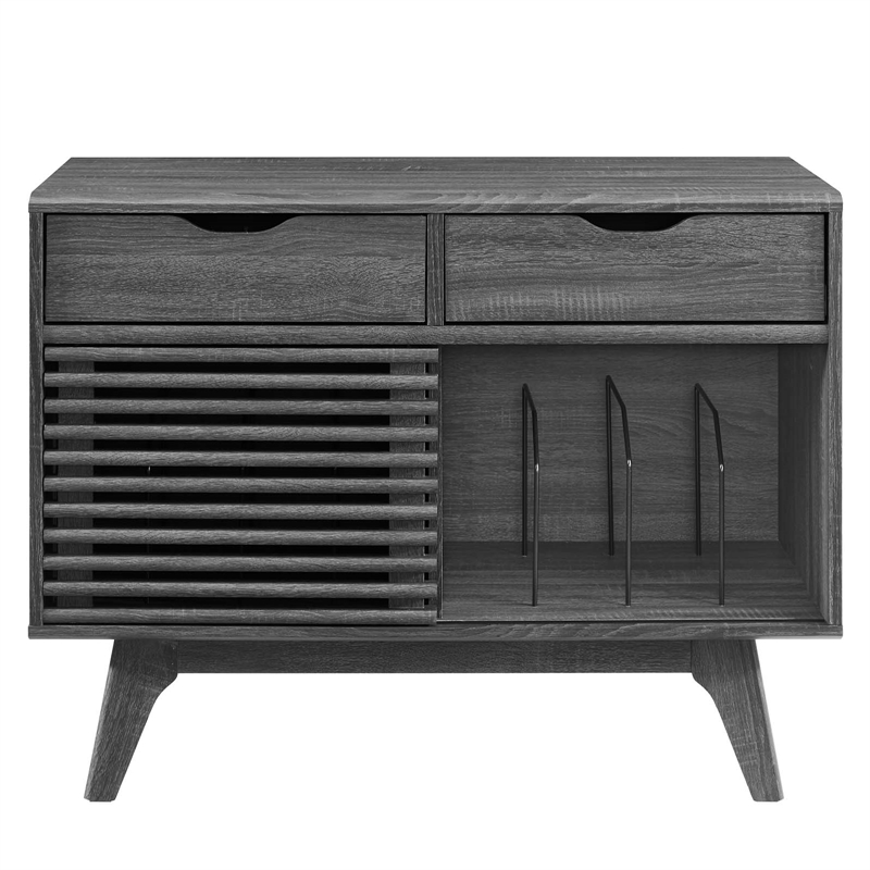 Modway Render Wood & Vinyl Record Display Stand with 2 Drawers in Charcoal