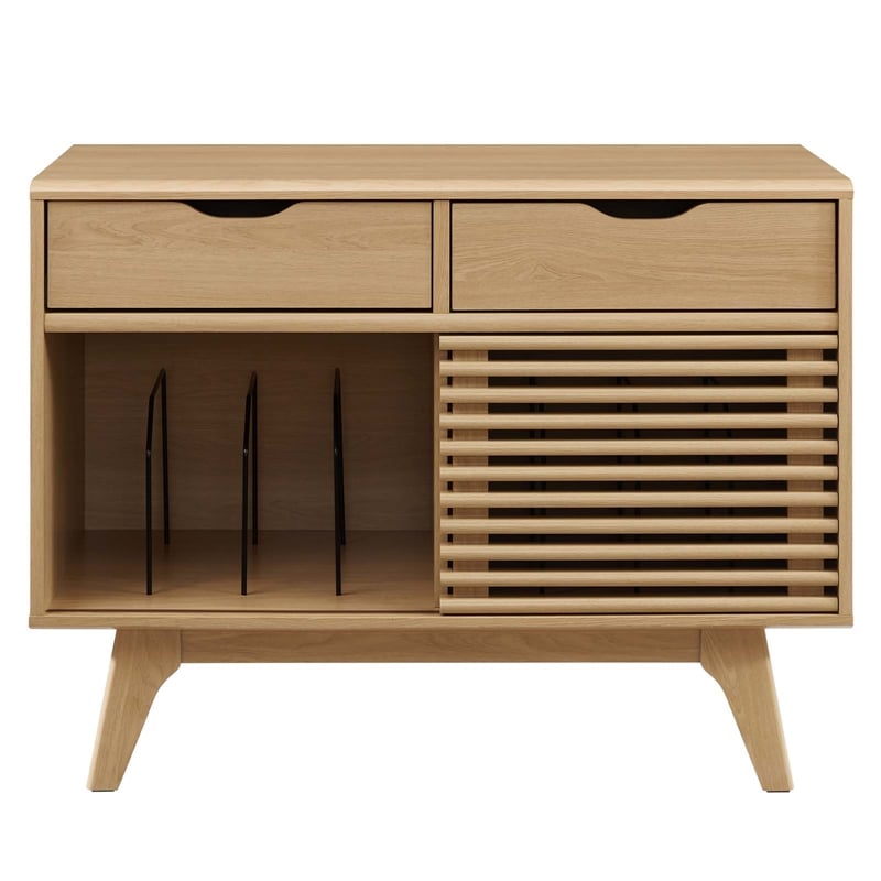 Modway Render Wood & Vinyl Record Display Stand with 2 Drawers in Oak