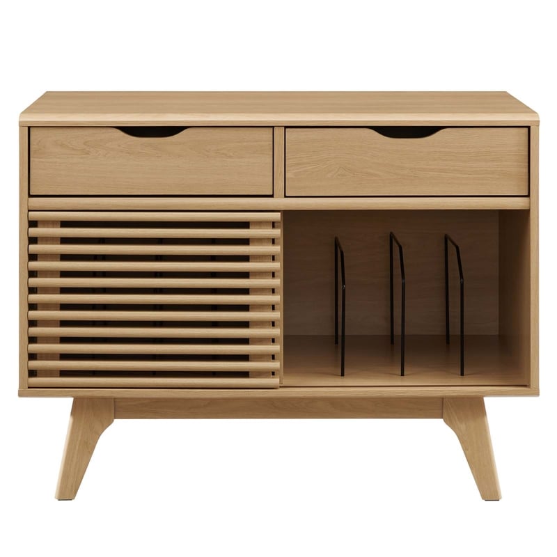 Modway Render Wood & Vinyl Record Display Stand with 2 Drawers in Oak