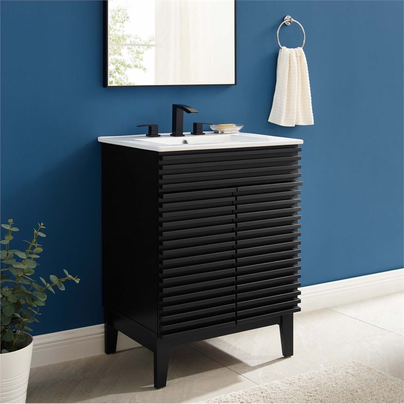 Modway Render Modern Style Wood Bathroom Vanity in Black and White