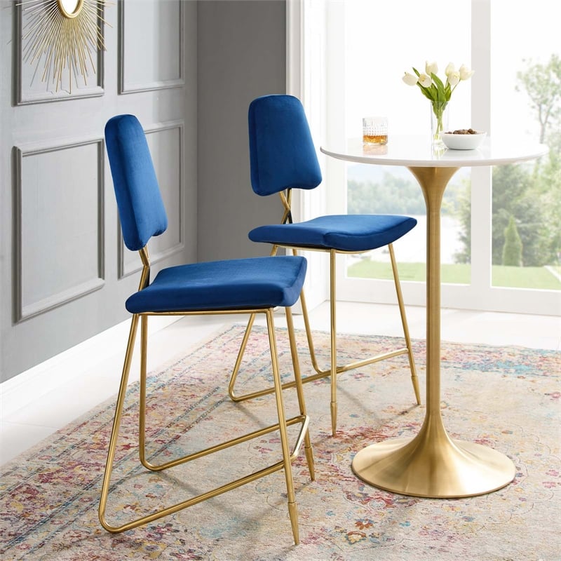 Modway Ponder Performance Velvet Upholstered Dining Bar Stool in Navy
