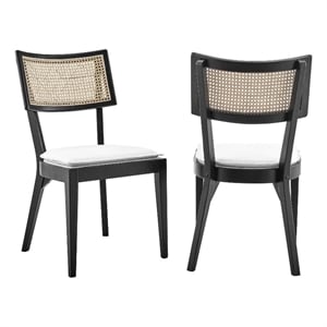 Modway Caledonia 19&quot Rattan Wood Fabric Dining Chair in Black/White (Set of 2)