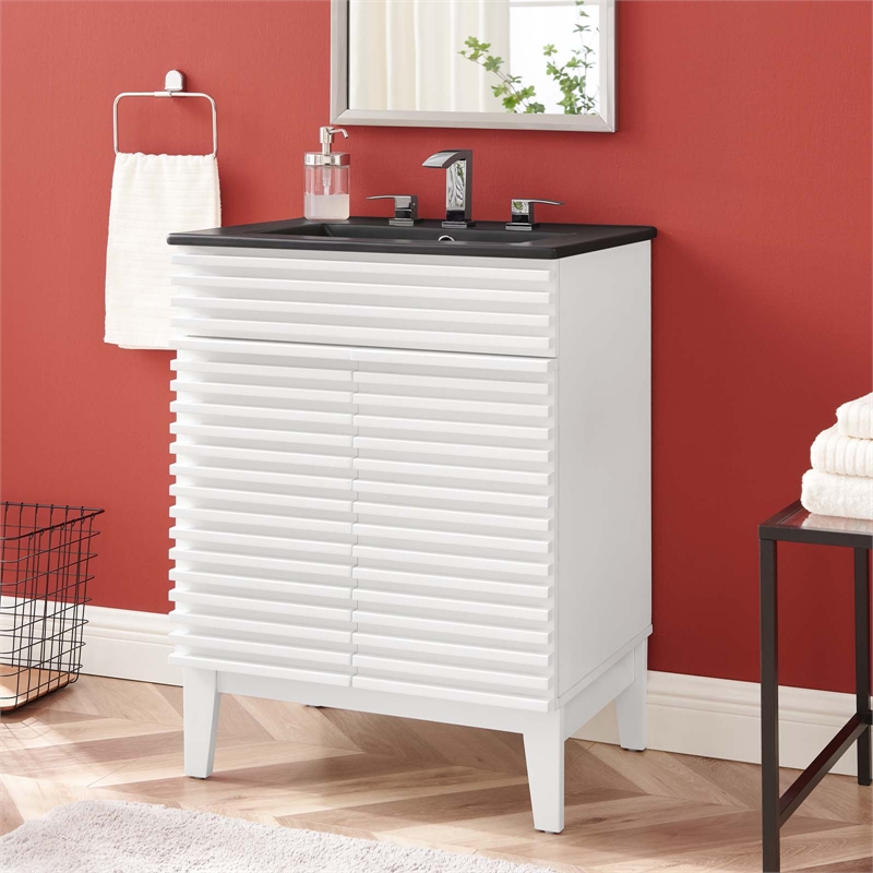 Modway Render 24" Modern Wood & Ceramic Bathroom Vanity in White/Black