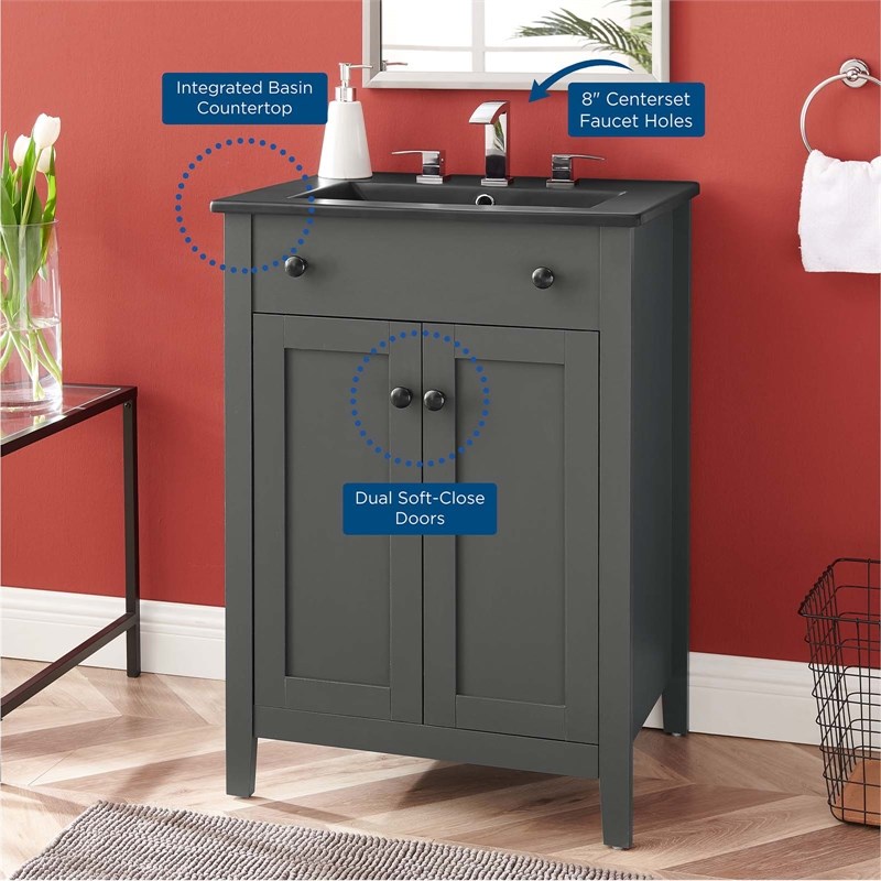 Modway Nantucket Modern Wood/Ceramic Bathroom Vanity in Gray/Black