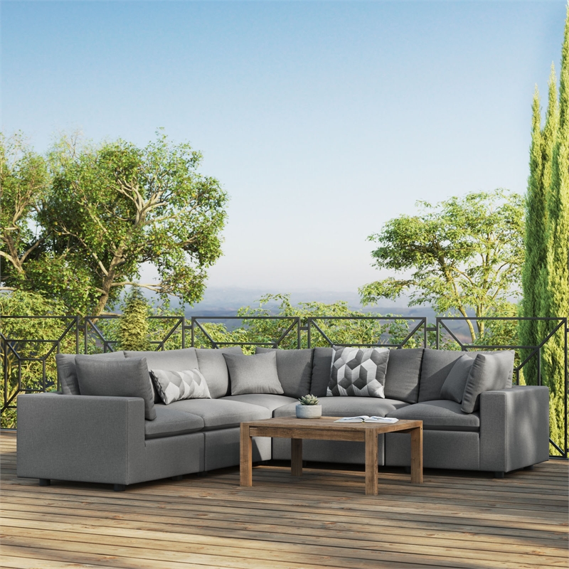 modway commix 5 piece modern fabric patio sectional sofa in charcoal