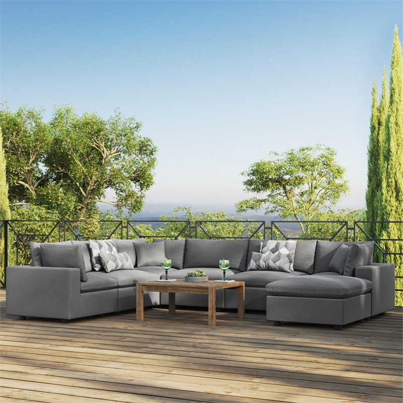 Modway Commix 7-Piece Modern Fabric Outdoor Sectional Sofa in Charcoal