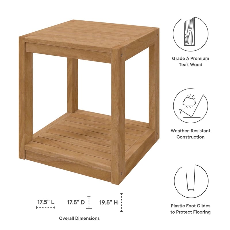 Modway Carlsbad Modern Teak Wood Outdoor Patio Side Table in Natural