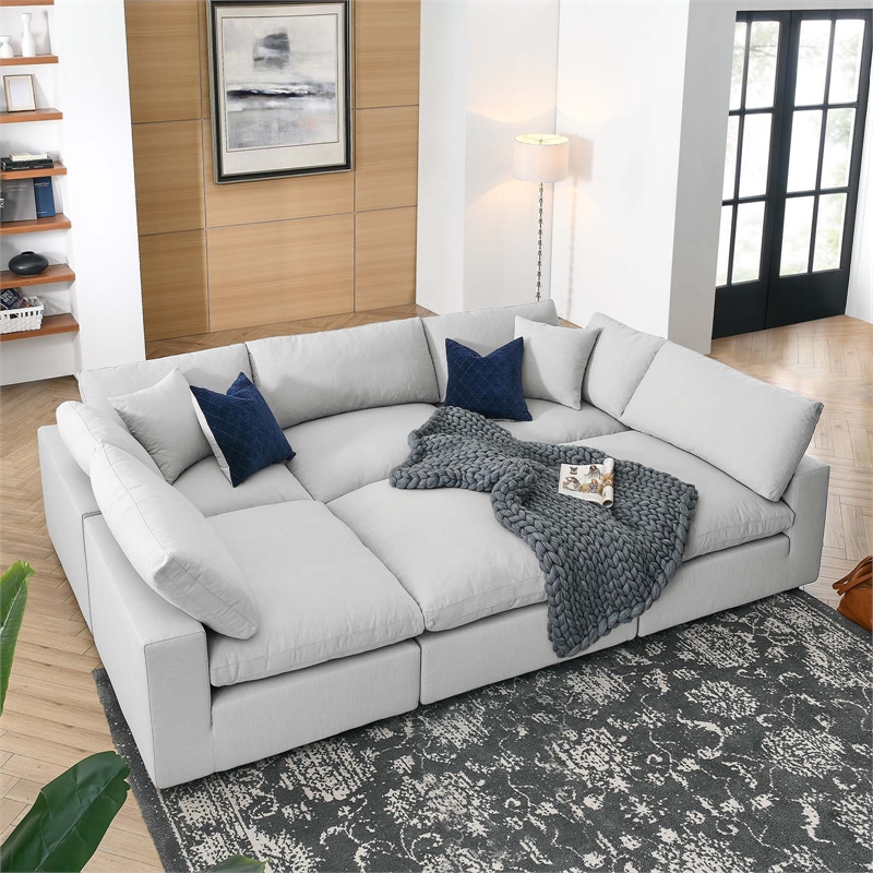 Modway Commix 6-Piece Modern Fabric Overstuffed Sectional Sofa in Light Gray