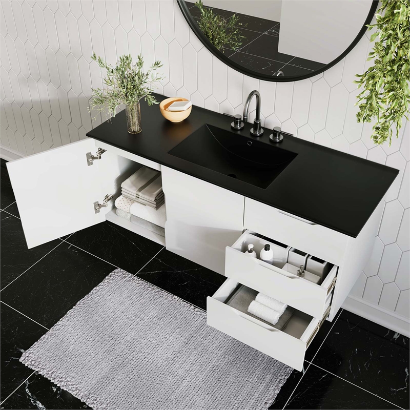 Modway Vitality Modern Wood Single Sink Bathroom Vanity in White/Black