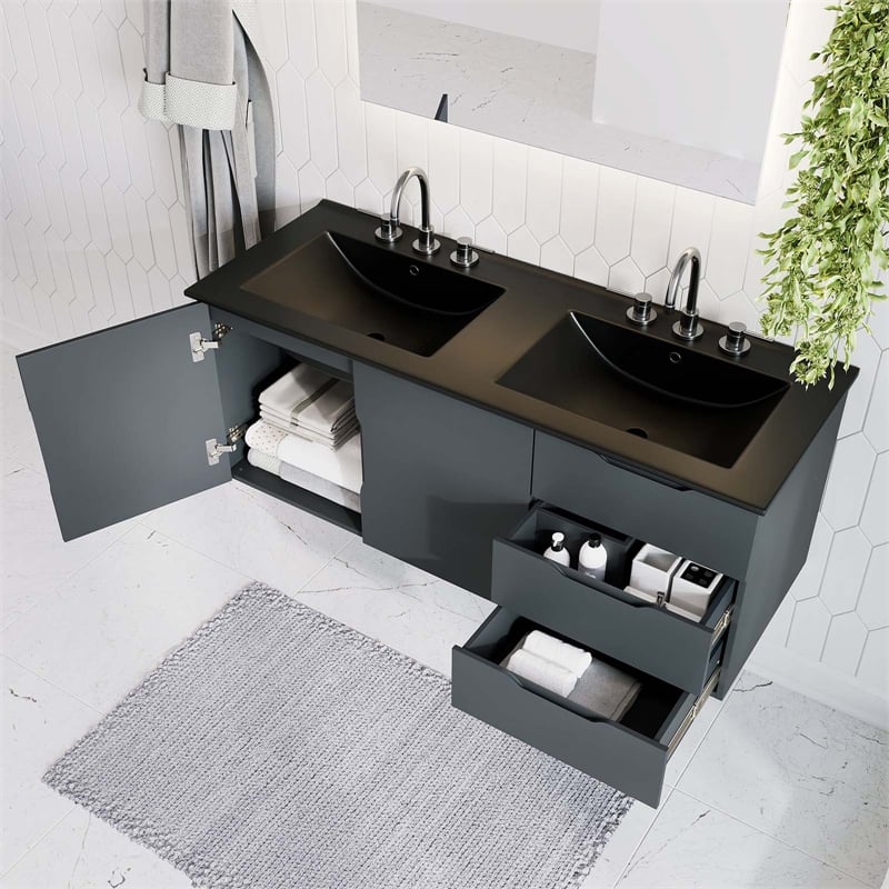Modway Vitality Modern Wood/Ceramic Double Sink Bathroom Vanity in Gray/Black