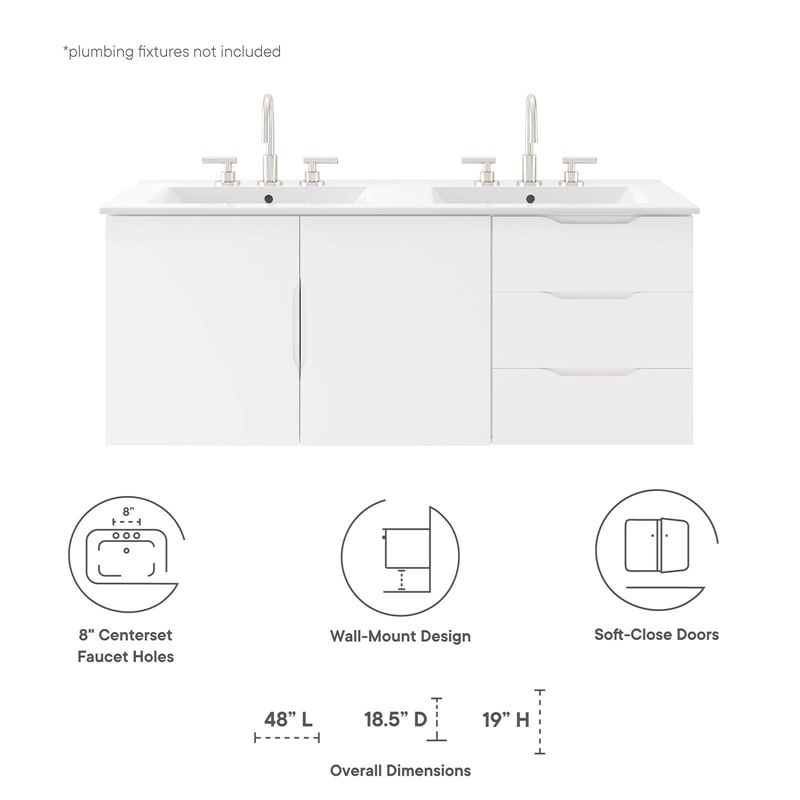 Modway Vitality Modern Wood/Ceramic Double Sink Bathroom Vanity in White