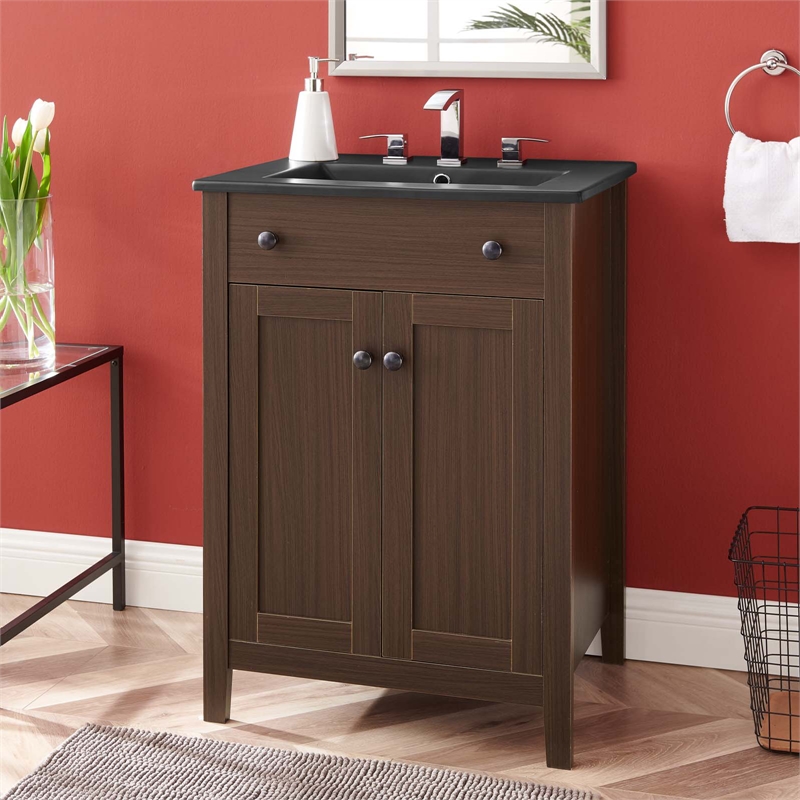 Modway Nantucket Modern Wood/Ceramic Bathroom Vanity in Walnut/White