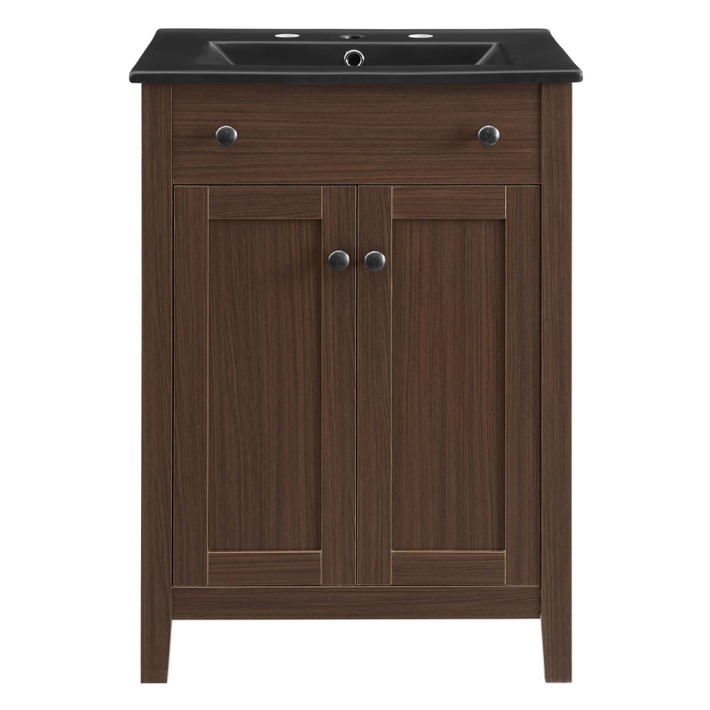 Modway Nantucket Modern Wood/Ceramic Bathroom Vanity in Walnut/White