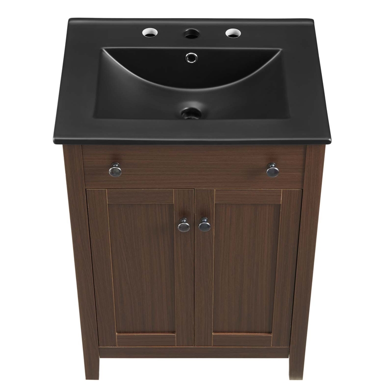 Modway Nantucket Modern Wood/Ceramic Bathroom Vanity in Walnut/White