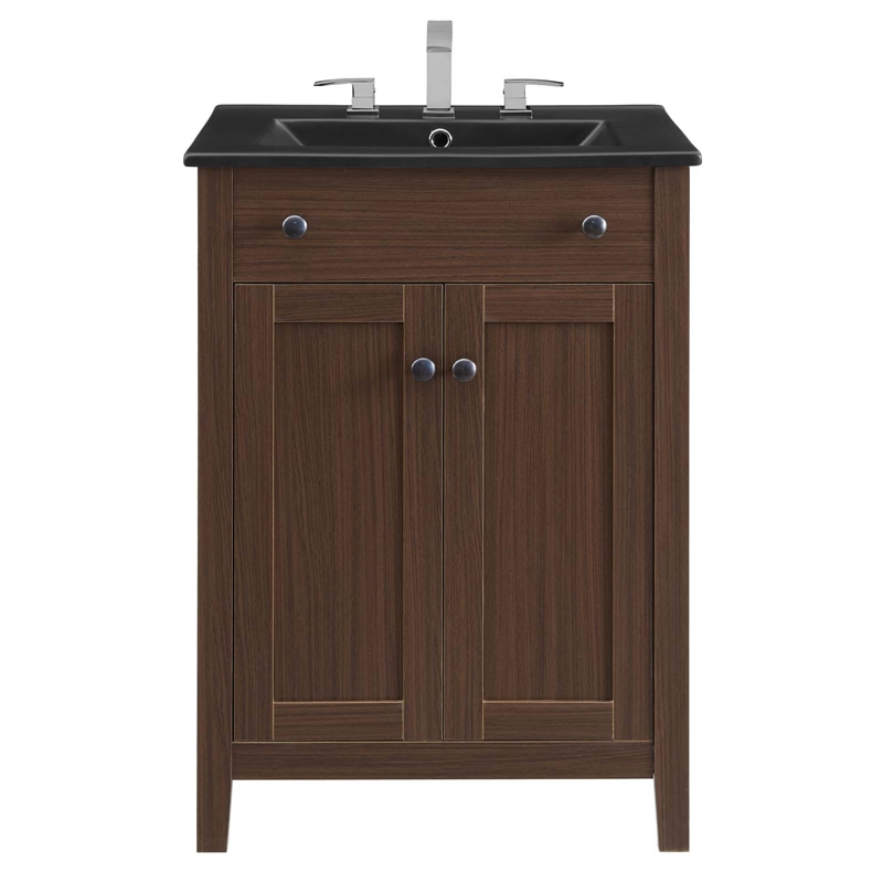 Modway Nantucket Modern Wood/Ceramic Bathroom Vanity in Walnut/White
